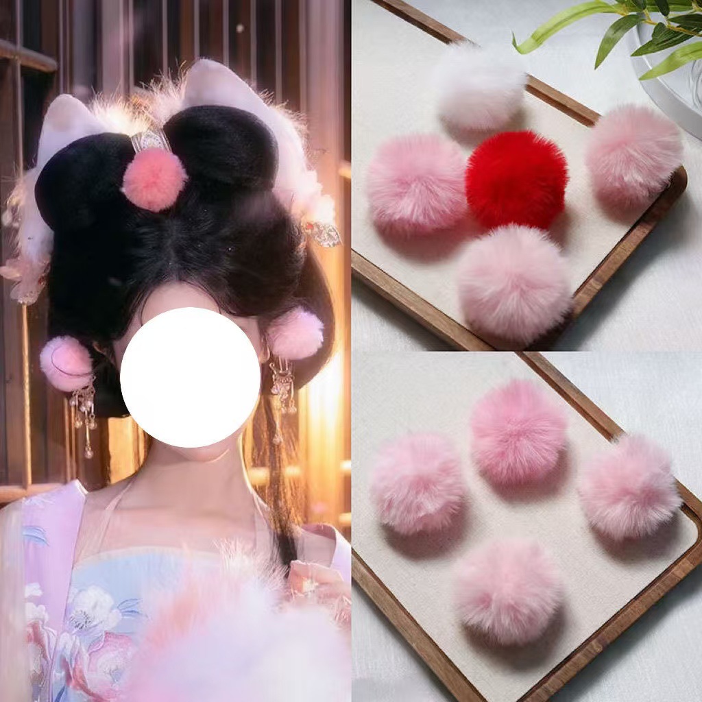 梦金陵妲己cos秋冬毛球兔毛发夹古风少女汉服可爱毛绒发饰头饰