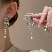 原创精致甜美玫瑰花蝴蝶结珍珠流苏长款耳环小众轻奢时尚百搭耳饰