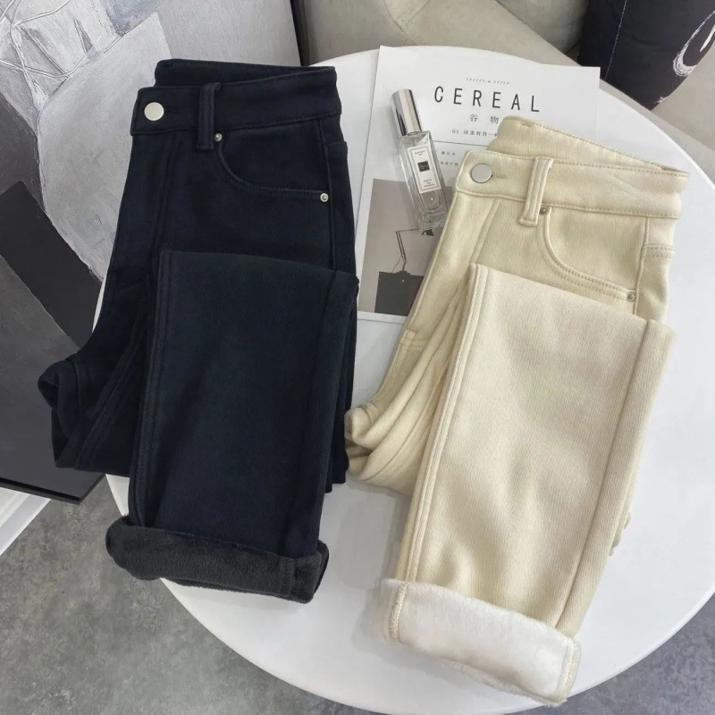 小個子米白冬季加絨加厚高腰寬鬆哈倫牛仔褲女九分蘿蔔老爹韓版