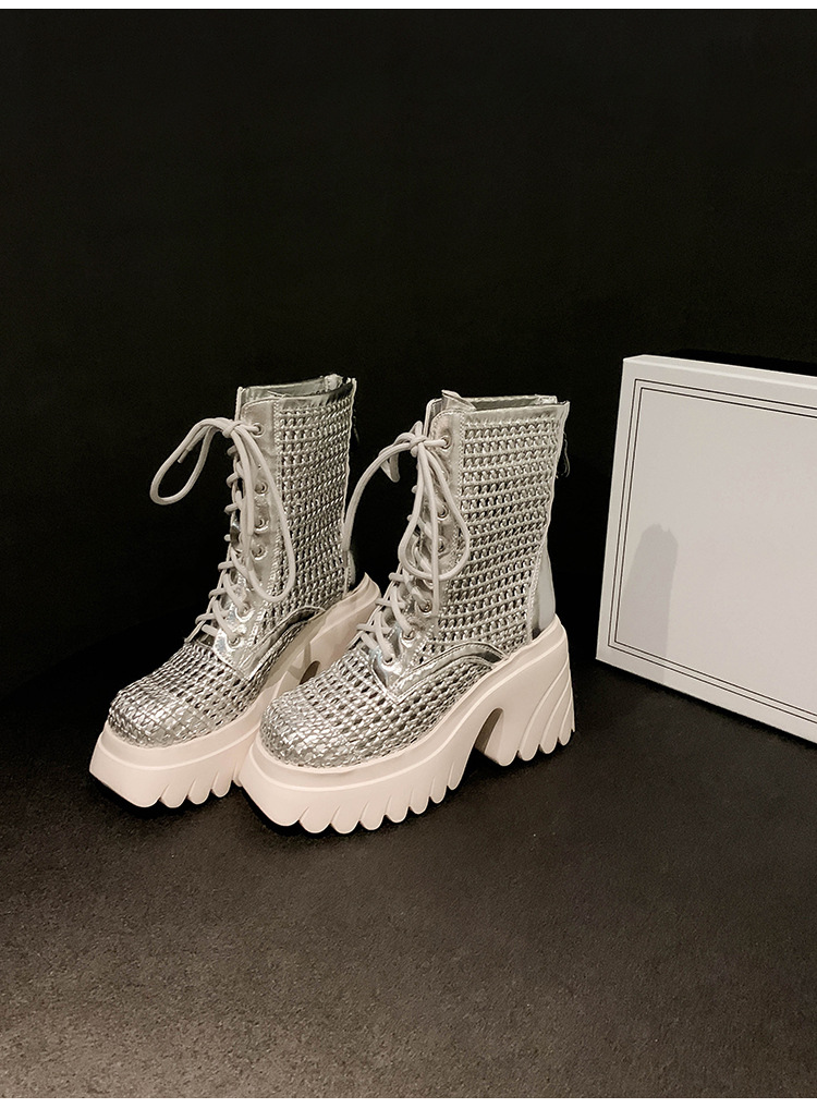 Boot nữ cổ thấp đế dày tăng chiều cao, gót thô đan thoáng khí — màu đen, màu trắng ngà, bạc chi tiết 25