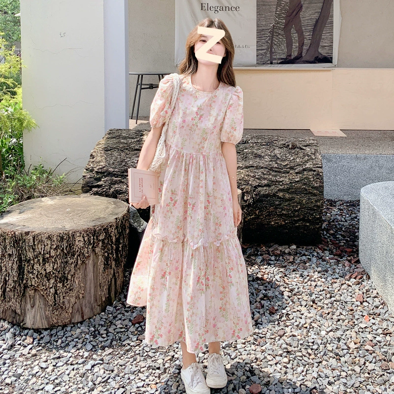 Летнее свежее новое корейское модное темпераментное платье, женское милое платье с короткими рукавами и талией, свободная юбка с цветочным принтом, тренд