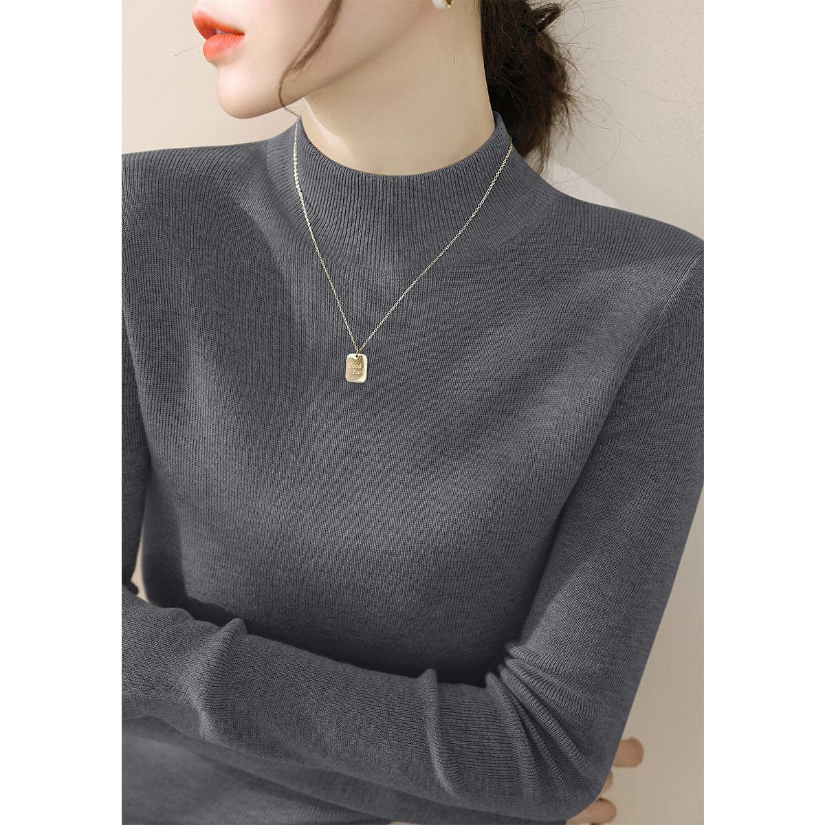 Dark Gray Long-Sleeved Knitwear, Slim Fit, Slimming Inner Layering Top, Super Slimming Half Turtleneck Sweater for Women A5582