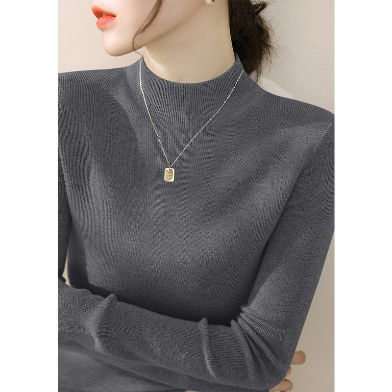 Dark Gray Long-Sleeved Knitwear, Slim Fit, Slimming Inner Layering Top, Super Slimming Half Turtleneck Sweater for Women A5582