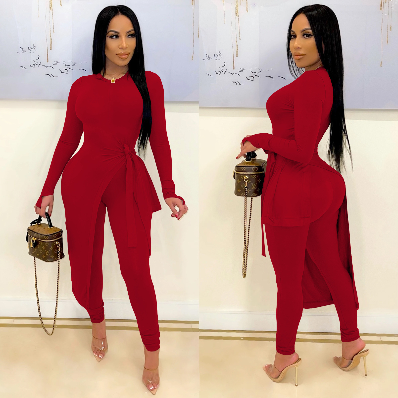 Solid Color Long-Sleeved Irregular Top Trousers Top NSSZC111539