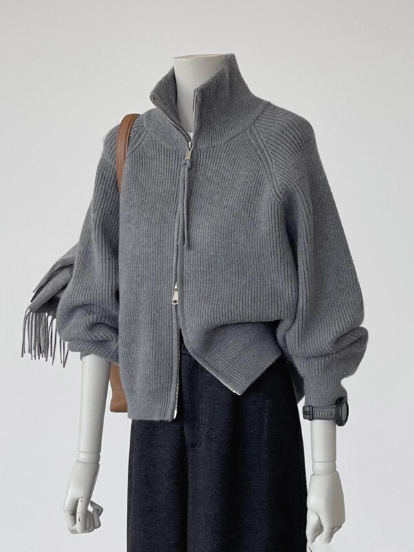 Double Zipper Gray Turtleneck Knitted Cardigan for Women Spring Season New Loose Lazy Style Sweater Jacket Thickened Top