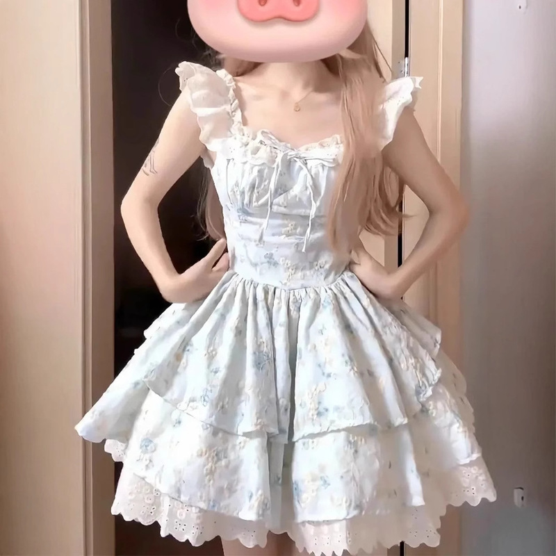 Gentle and Sweet Little Flying Sleeve Floral dress Women's Summer Escape Princess Pink Cherry Blossom Cake Skirt