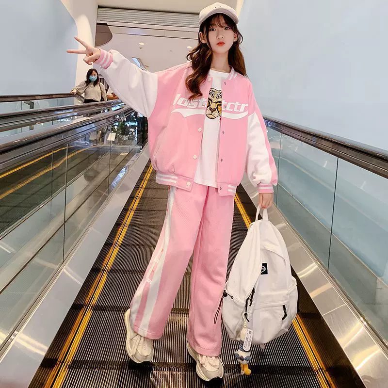 新款可代发女童运动棒球服套装2025新款儿童女孩外套时尚休闲阔腿