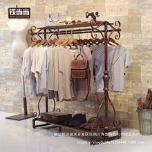 复古服装店双排中岛落地式衣架展示架 男女童装店铁艺货架