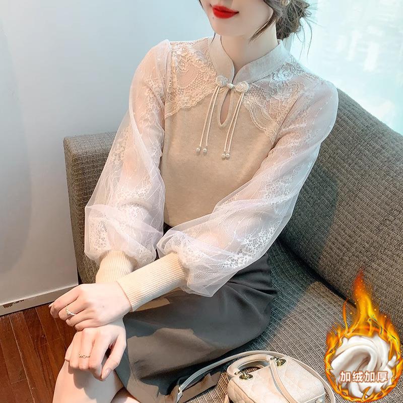 法式复古盘扣T恤女2025春秋新款蕾丝拼接立领小衫设计感小众上衣|undefined