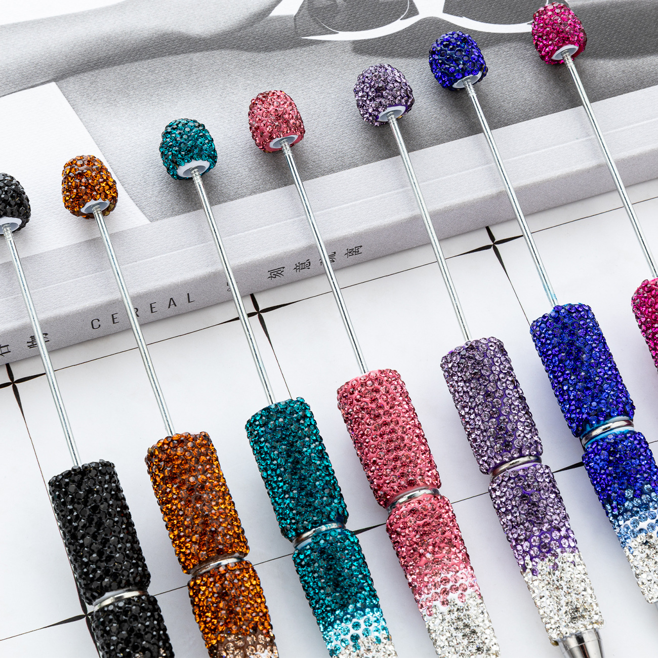 Diy creativo bolígrafo con cuentas de diamantes completos pegatinas hechas a mano con incrustaciones de diamantes, bolígrafo con cuentas degradadas, bolígrafo con cuentas giratorias multicolor