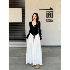 大码胖mm韩版气质不规则黑色针织开衫女秋季新款收腰内搭打底长裙