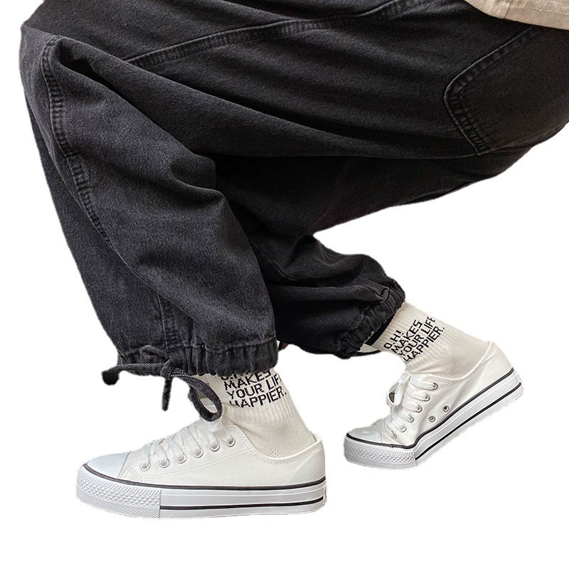 Low-top canvas sneakers, unisex, Korean style, spring/fall, white accent