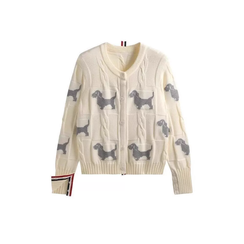 秋冬新款TB高级感全身时髦撞色小狗学院风麻花圆领开衫针织毛衣女