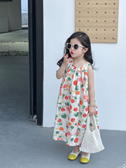 2024夏女童度假風背心裙後背鏤空彩色花朵印花長款寬鬆無袖連衣裙