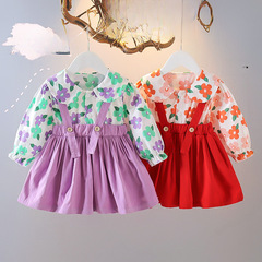 2021 Autumn New Korean Style Girls' Doll Collar Floral Print Long-Sleeve Shirt Top Baby and Toddler Cute Overalls Dress