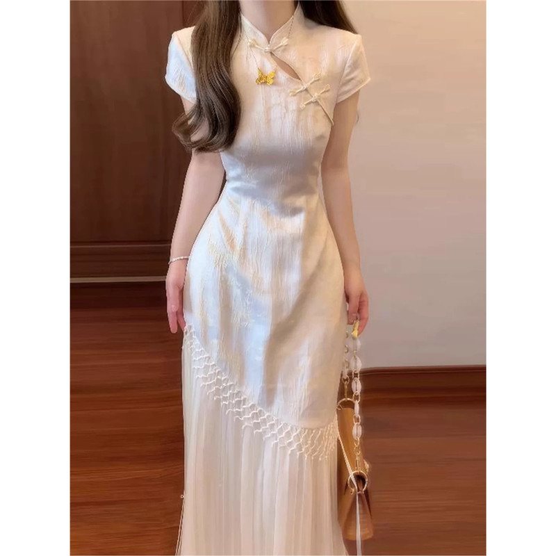 New Chinese-Style National Style Improved Cheongsam White Dress for Women, Summer Petite Elegant Waist-Length Dress New Chinese-Style National Style Improved Cheongsam White Dress for Women, Summer Petite Elegant Waist-Length Dress