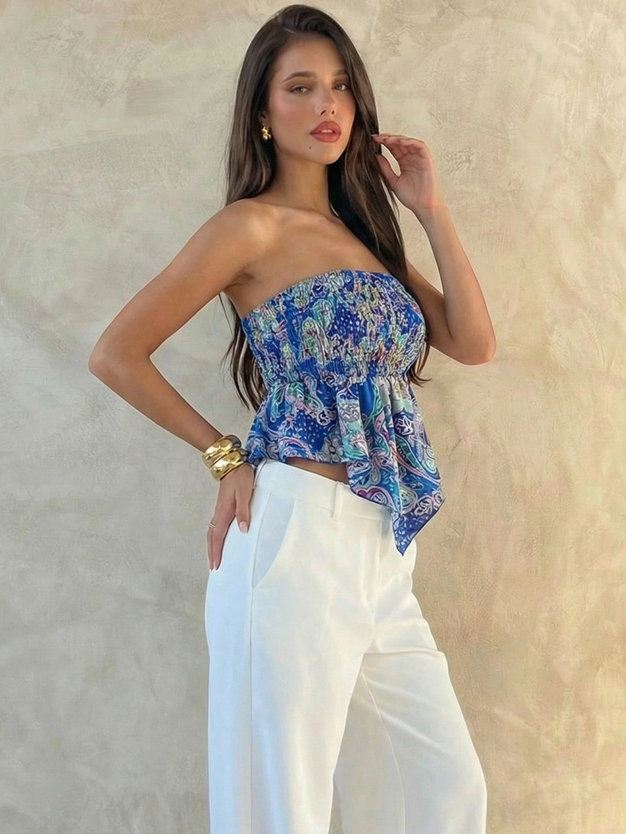 Women's Sexy Halter Top - Sleeveless Smocked Waist Floral Print Bustier Crop Top (S-Xl) - Summer Beach & Club Wear In Red/Nude/Blue_ecoleips.com