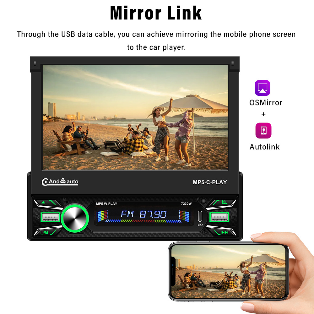 7inch Hd Electric Retractable Touch Screen Universal Device Type-C Fast Charging Apple Carplay Connection 7230W
