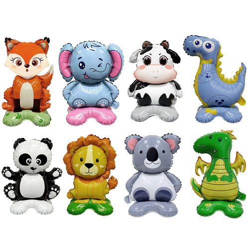 Jungle Party Cartoon Lion Panda Animal Small Base Standing Dinosaur Aluminum Film Balloon Party Decoration Balloon