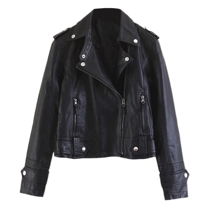 Runqi Plus Size European and American Style Black Motorcycle Leather Jacket Wholesale N5428 Women's Slim Fit Coat Top for Plus Size