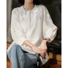 2025 新しいラウンドネックシャツ Tシャツ優しい気質ランタンスリーブ白シャツトップ婦人服