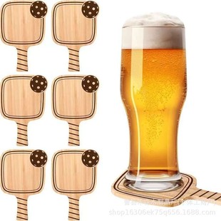 Wooden Creative Tray with Handle, Pickleball Racket Shape Tray, Bar Wine Coaster, Desktop Cup Decoration Mat