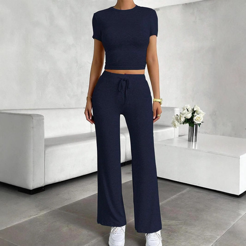 2025 Spring Cross-Border Women's Amazon Best Selling Solid Color Long Pants Short Sleeve Casual Fashion Two-Piece Set