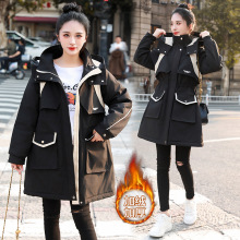 绣花淑女棉衣棉服防风防水大码长袖连帽羊羔毛派克服加绒又加棉冬