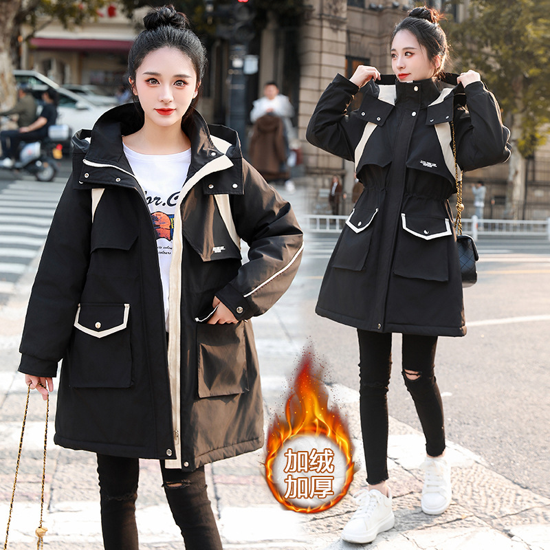 绣花淑女棉衣棉服防风防水大码长袖连帽羊羔毛派克服加绒又加棉冬