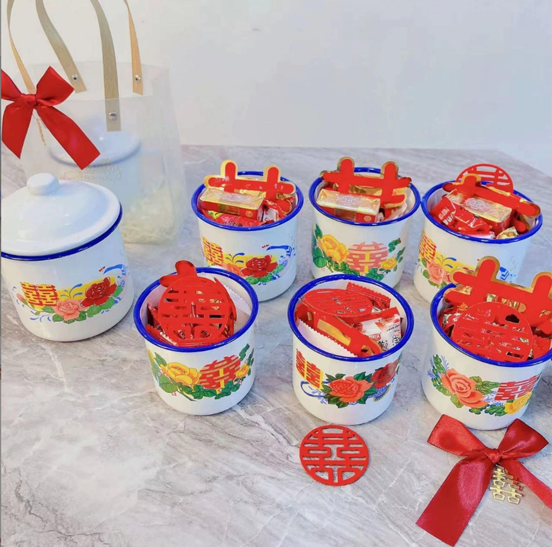 Flower Double Happiness Enamel Cup Nostalgic Classic Large Tea Tank with Lid Old Fashioned Tea Tank Old Cadre Large Capacity Water Cup