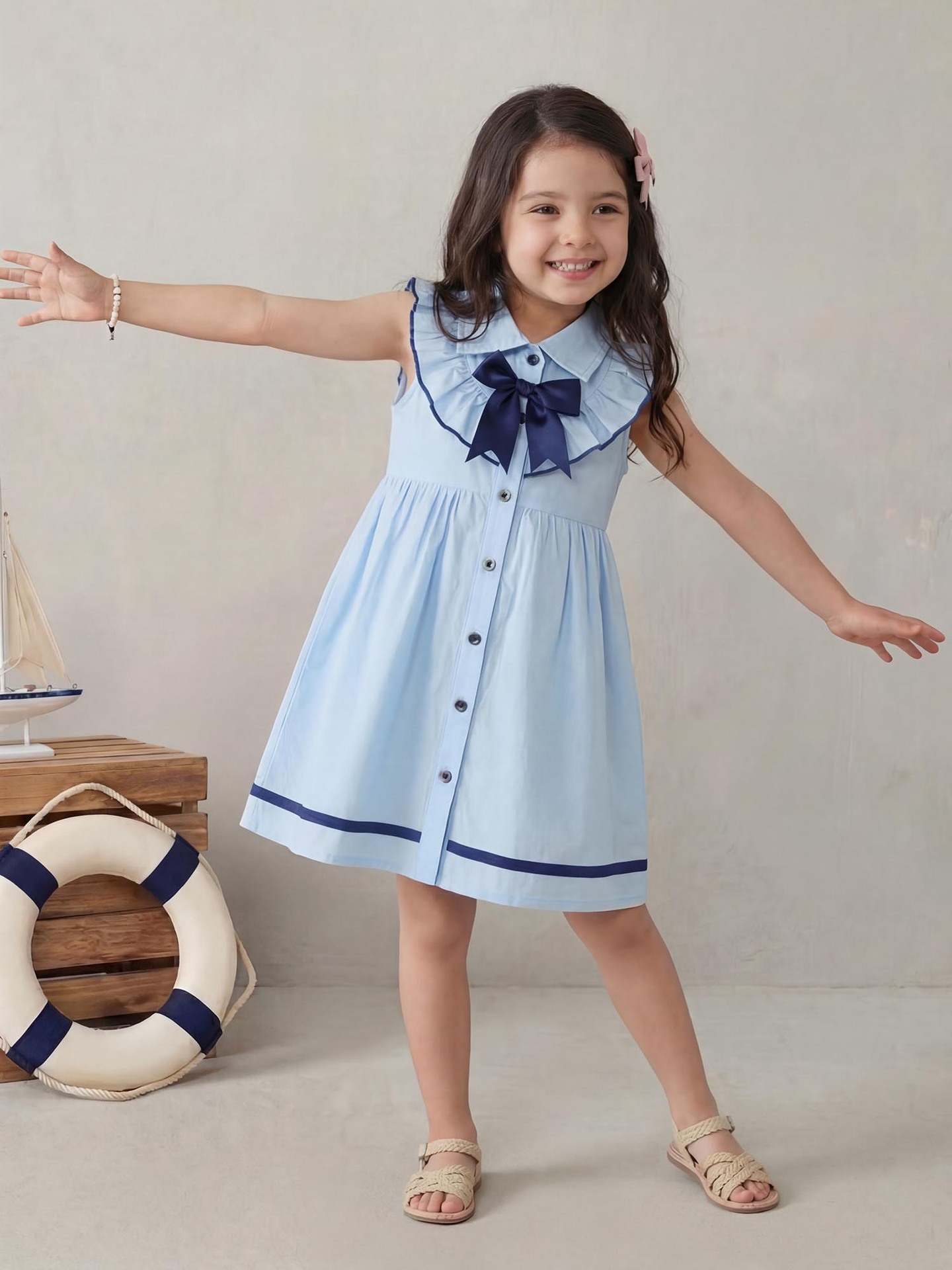 Europa y los Estados Unidos niños de la escuela de viento solapa encaje arco sin mangas ropa de verano de algodón tejido vestido infantil