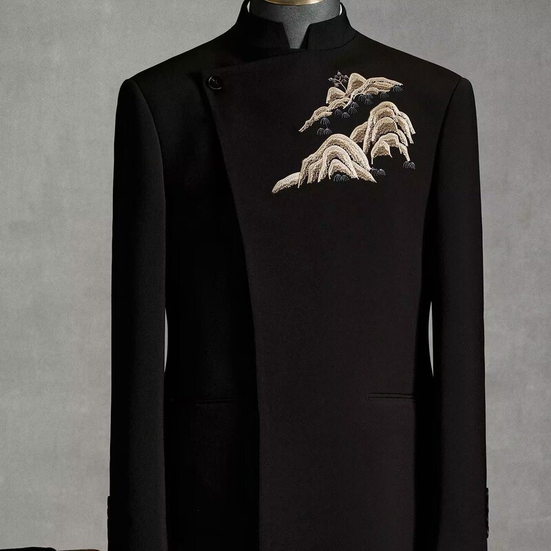 New Chinese Style Zhongshan Suit Men's Wedding Engagement Groom Chinese Dress Stand Collar Suit Embroidered Jacket