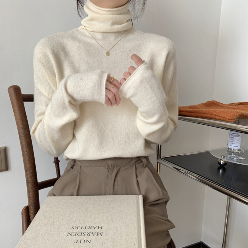 Wholesale Foreign Trade Autumn and Winter Korean Style Lazy Loose Fit Turtleneck Rolled Edge Design Knitted Base Sweater Dropshipping