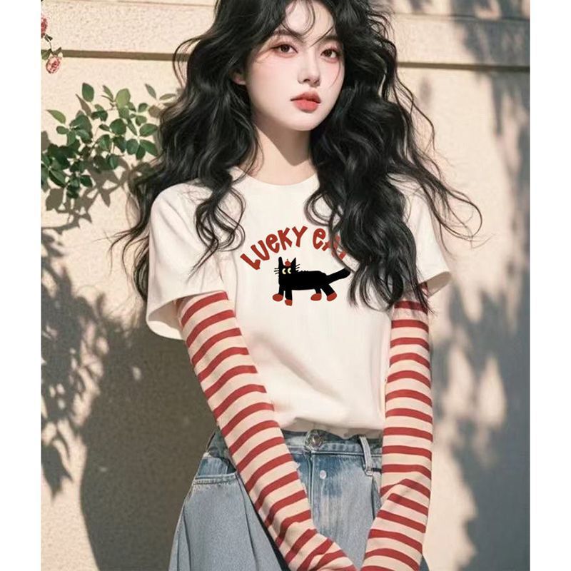 American Retro Contrast Stripesd Fake Two-Piece T-Shirt Women's Long-Sleeved Loose Large Size Fat mm Layered Round Neck Top