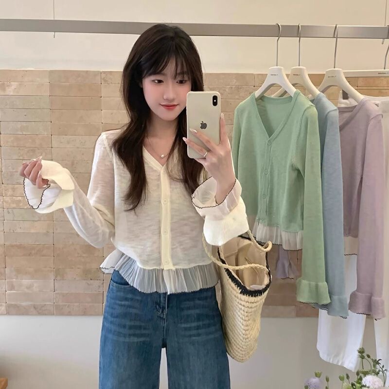 Korean Style V-Neck Sweet Lotus Leaf Lace Stitching Micro Knitted Shirt Women's Spring Simple Single-breasted Long-sleeved Top