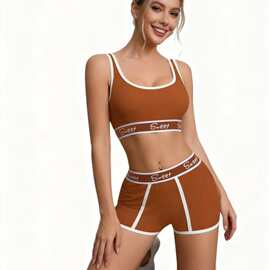 Bra and panty set 欧美针织吊带背心内衣内裤字母撞色修身两件套