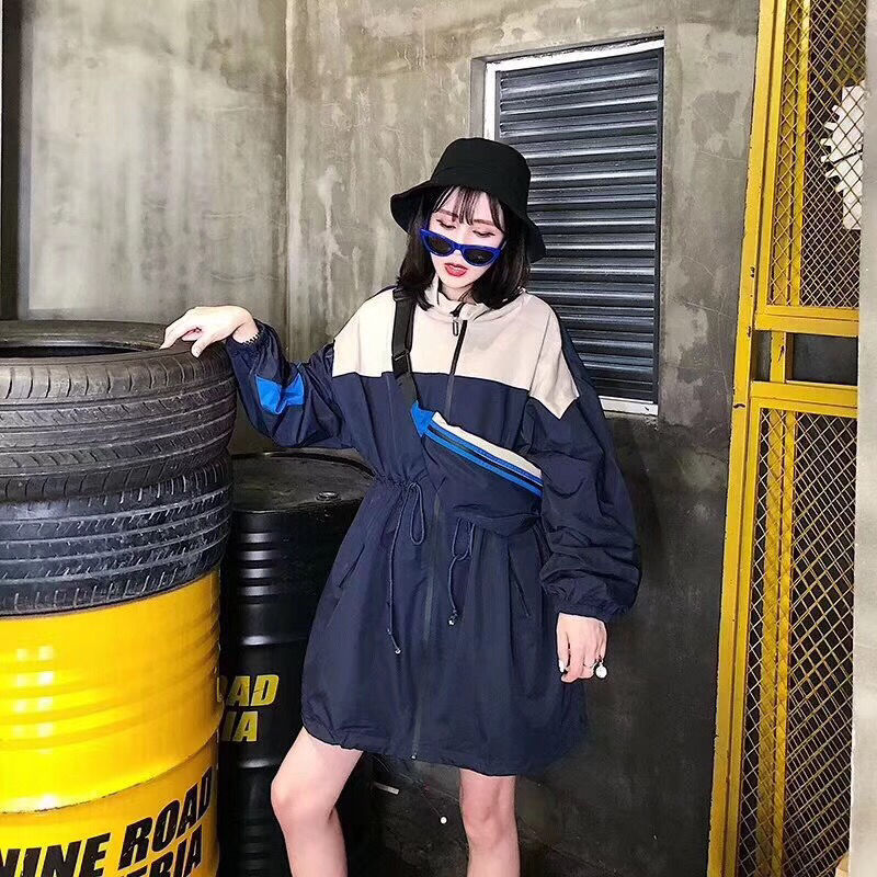 Lumanman Hooded Collar Elastic Waist Sun Protection Dress Sun Protection Skirt Stitching Contrast Color Dress