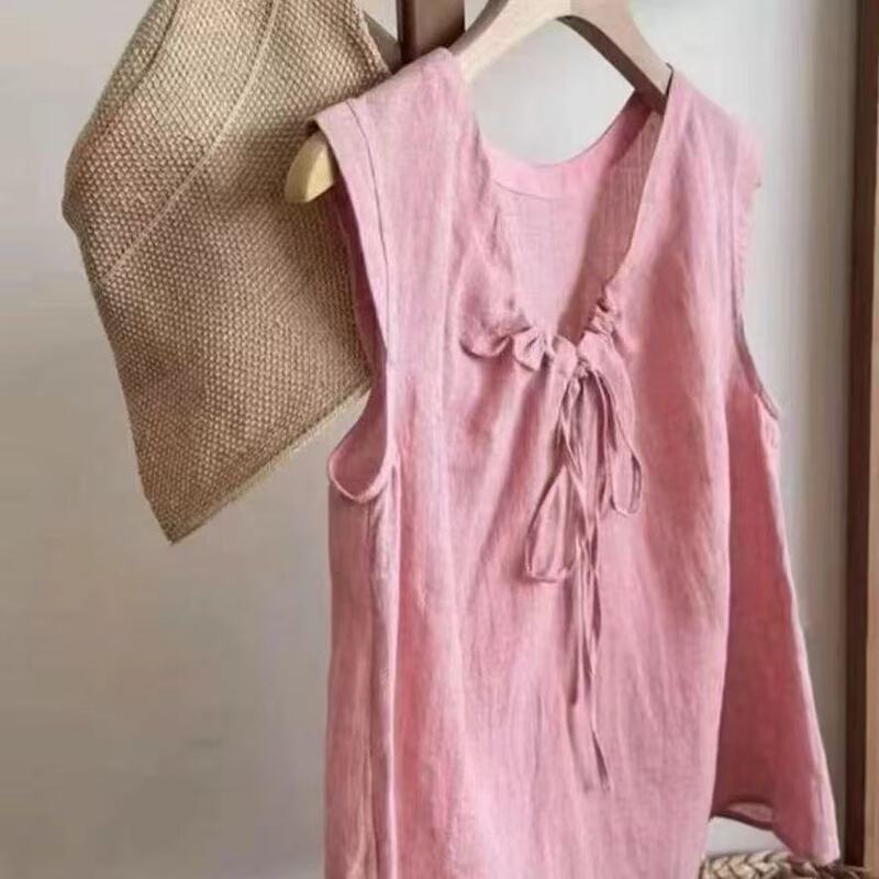 Summer New Fashion Design Lace-Up Sleeveless Vest V Neck Commuter Women's Vest Cotton and Linen Flying Sleeve Top