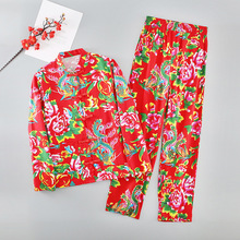 东北大花布棉薄款春夏款女长袖上衣长裤套装成人唐装中国风汉服