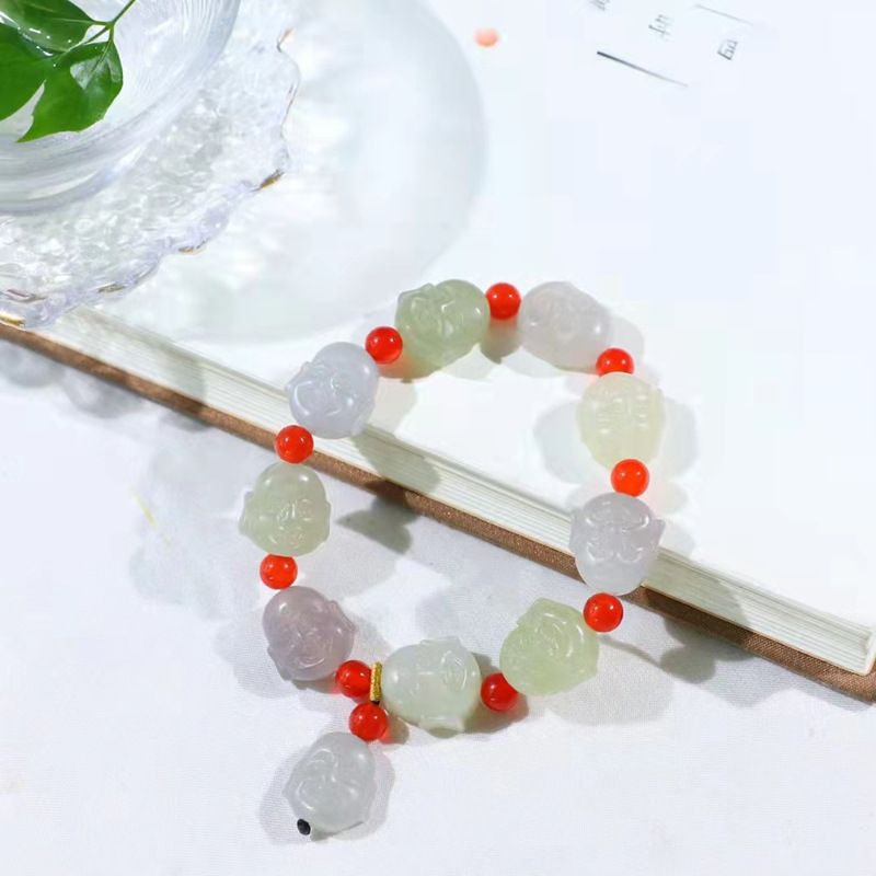 natural Xinjiang Nephrite  Dubbo Buddha head Bracelet jade White jade Plainer Sapphire Colorful lady Hand string