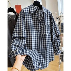 韩版宽松格子衬衫休闲大码POLO时尚新款设计感减龄洋气新款衬衣女