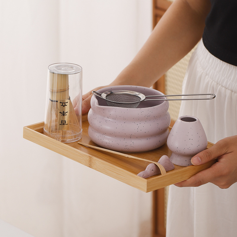 7件套Matcha set 紫色黑墨点茶筅抹茶刷百本立陶瓷抹茶碗工具套装|undefined