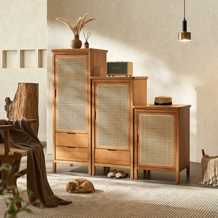 Nordic Rattan Storage Cabinet Solid Wood Cabinet Living Room Small Apartment High and Low Combination Cabinet Storage Cabinet Japanese Small Cabinet X&