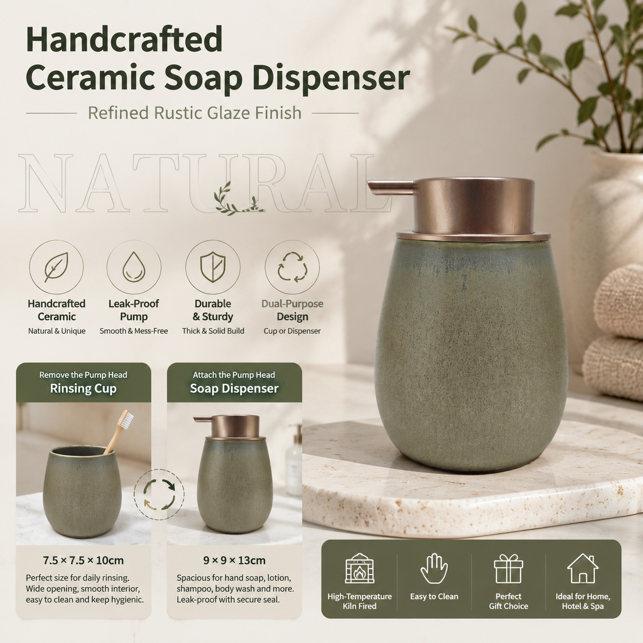 Green Wood Kiln-fired Ceramic Mouthwash Cup, Lotion Dispenser Bottle, Light Luxury Hotel Bathroom Hand Sanitizer Pot Belly Cup