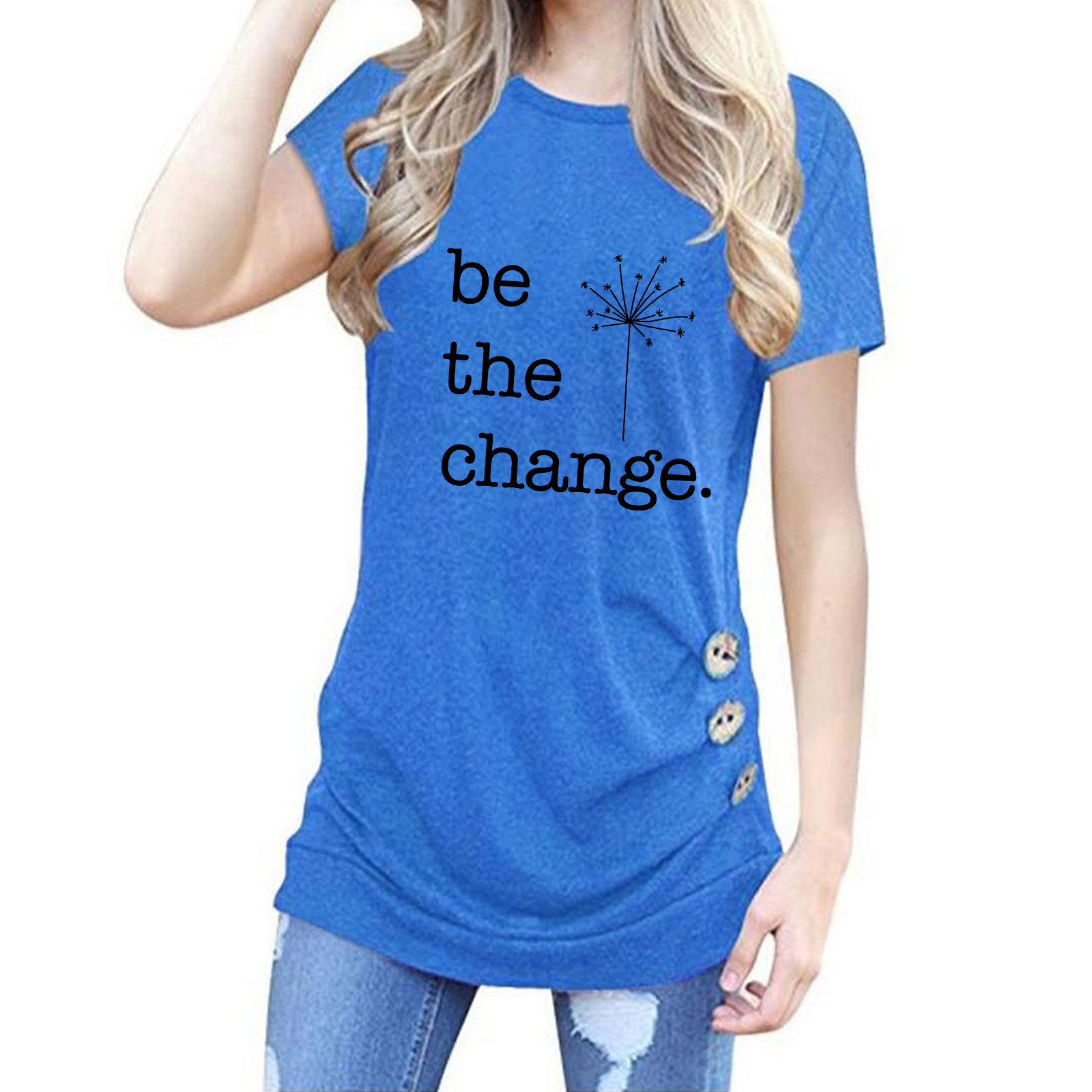 2021新款欧美女装 亚马逊eab个性字母印花圆领短袖纽扣装饰T恤女