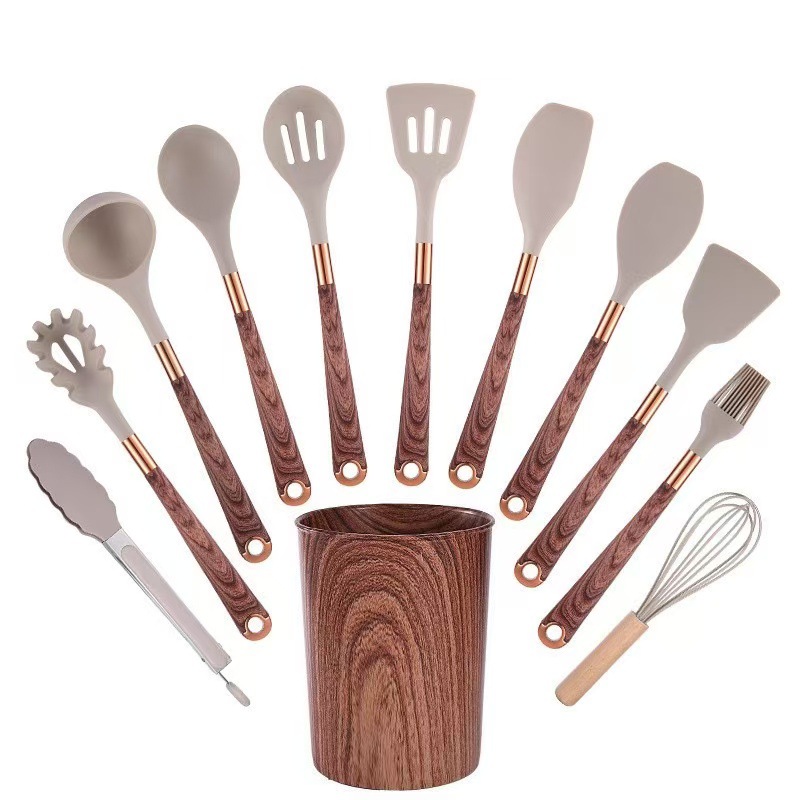 Nuevo conjunto de cocina de silicona transfronteriza 11 piezas de mango de madera chapado en oro no pegajoso de silicona 10 piezas en stock