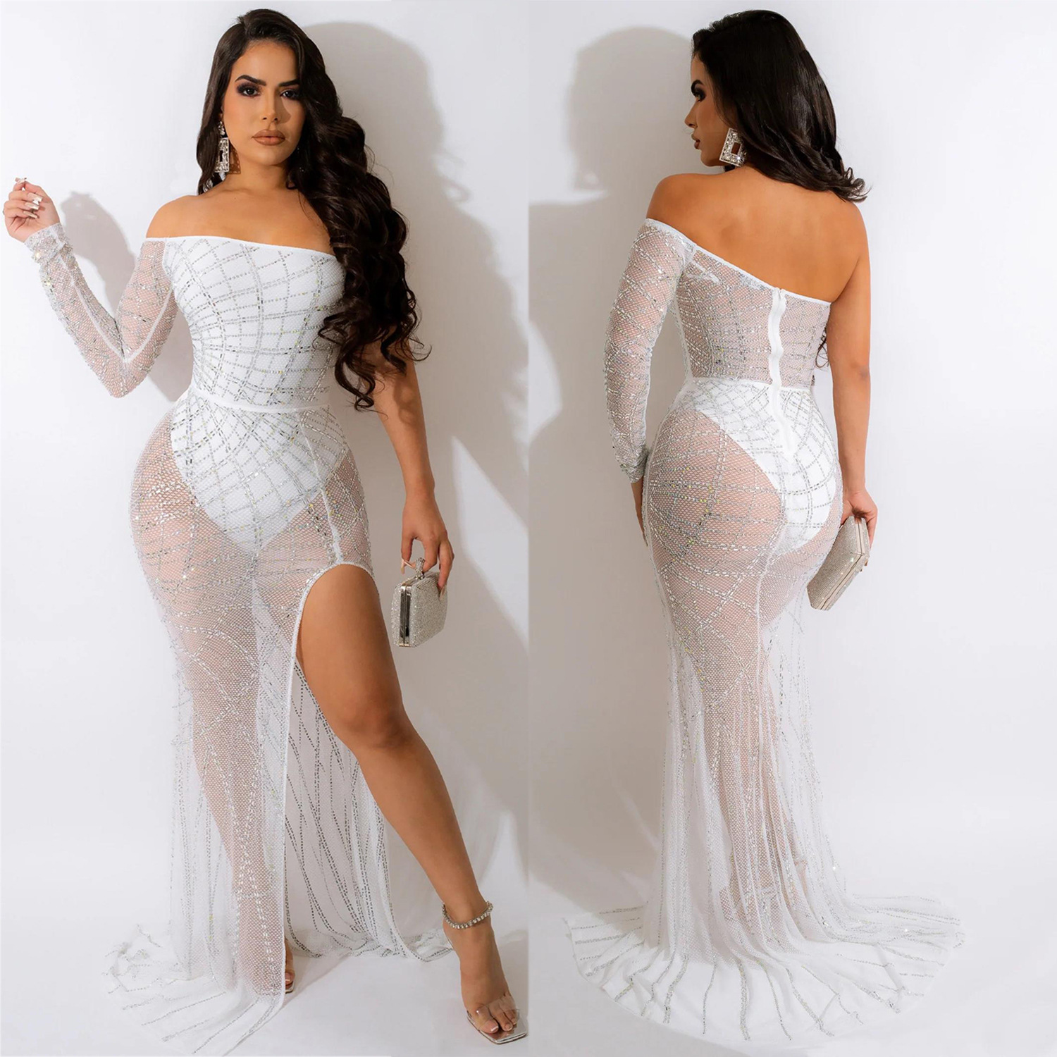 C6060 transfronteriza AliExpress Amazon moda europea y americana de las mujeres de color sólido único vestido de manga larga vestido de diamantes de imitación de las mujeres image 4