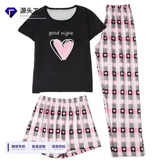 跨境欧美三件套卡通可爱睡衣女 短袖配双裤 居家休闲睡衣套装