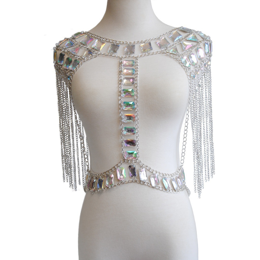 Cadena de pecho sexy europea y americana para mujer, estilo veraniego de playa, chaleco con borlas, conjunto de cadenas corporales de acrílico con gemas, venta al por mayor transfronteriza. image 10