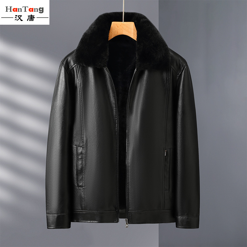 2022 new men's leather winter thickened casual lapel zipper men's middle-aged men's leather men's wholesale